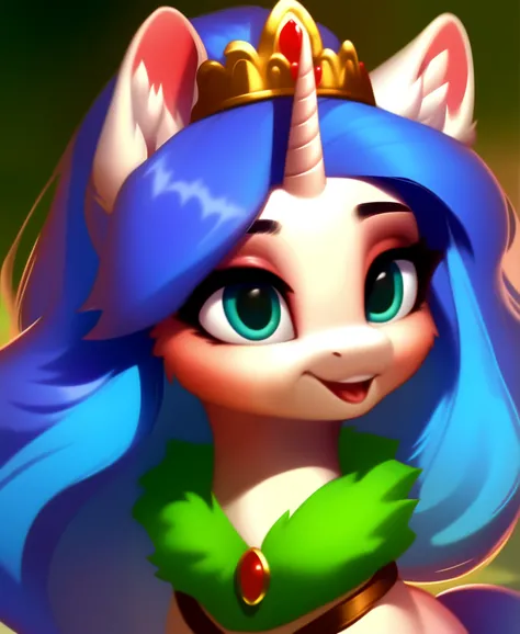 score_9, Painted portrait of the face of a cute adult quadruped pony, having a crown and long colored hair, her eyes are green and she has a horn, her fur is white.