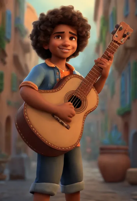 crie um banner no estilo Pixar. A boy with Indian features, moreno pardo com cabelos curtos, Castanhos escuros, Curly and slightly grayish appearance, mas jovem, usando uma camiseta, Wearing jeans and holding a classical guitar with 7 strings.