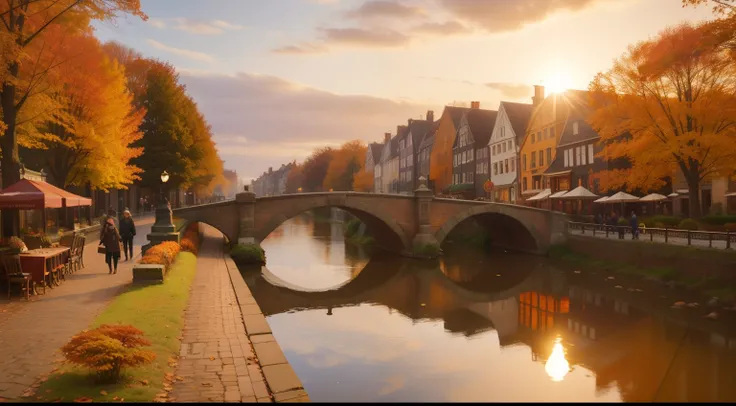 Pre-raphaelite style, November, New England Town, vintage streetscape, warm hues, cobblestone, wooden storefronts, sunrise, burgundy leaves, people in cozy scarves and woolen coats, coffee, paper bags, cold, bookstore window, cozy cafe, glistening river, h...