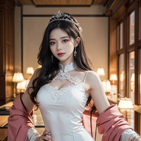 Portrait of a young saint of 20 years old, Saint with a beautiful and super cute face,Wearing a very thin and sexy Ao Dai, Beautiful cute face, There is a deep slit in the chest、Black and white lace trim attractive Ao Dai, Beautiful face without blemish, L...