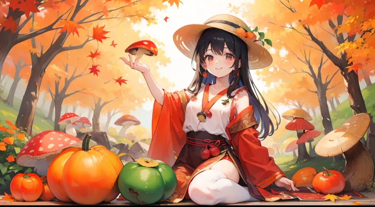 Fruiting autumn、Fertility in the fall、meter、mushroom、persimmon、Satsuma、smiling  girl