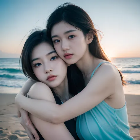 (a couple, sad, asian, hugging, beach),(emotional:1.1, realistic),(best quality, highres, ultra-detailed, vivid colors),(photography, portraits),(cool blue color tones),(soft lighting)