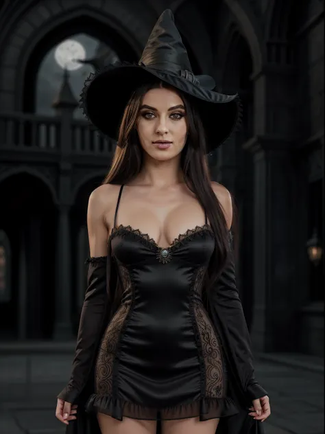 (masterpiece, best quality), intricate detail, 1girl, solo, rlrdb dressed in sexy witch dress with witch hat, lookin at viewer, from front, cinematic, Hogwards in the background), volumetric lighting, (upper body), (standing:1.3)