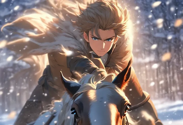 A young man rides a horse in the snow, realistic face