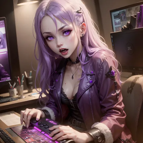 female vampire, white skin, bloody fangs, purple hair, violet eyes, playing a video game. --auto --s2