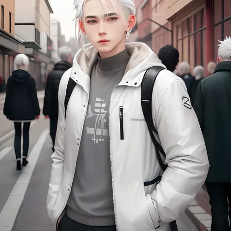 1boy,white hair,anime,gray clothes,1girl,blonde hair