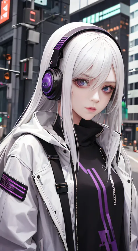 1girl, white hair, long hair, techwear  masterpiece, bestquality, realistic, realism, dark purple jacket, portrait, detailed eyes, wearing headset, platinum hair, 21 year old girl, fashion pose, half body, wide shoot, on the street, cyberpunk