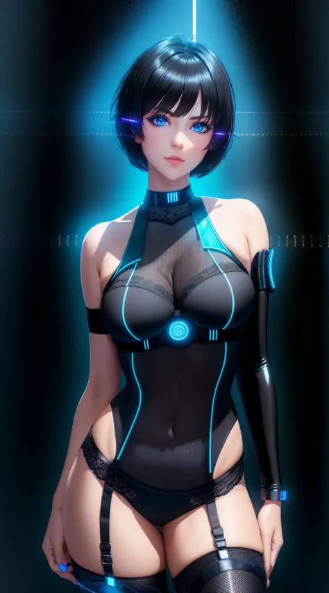 25-Year-Old Woman, Full Body, Adult, Dark Blue Water-Colored Eyes, Bright Neon Lighting, Black Bob Short Hair, strip club outfit, lace underwear, Serious Face, Realistic Face Resolution, Realistic, Object Resolution, (dark city night black background:1.4)