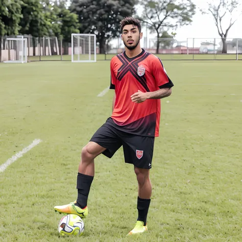 Theres a young man standing on a soccer field with a soccer ball, vestindo uniforme de futebol escolar, jogador de futebol, Retrato no meio da foto, Asher Duran, jogar futebol, Estilo Mohamed Chahin, mateus 9 5, inspirado em Leo Valledor, daniel mirante, j...