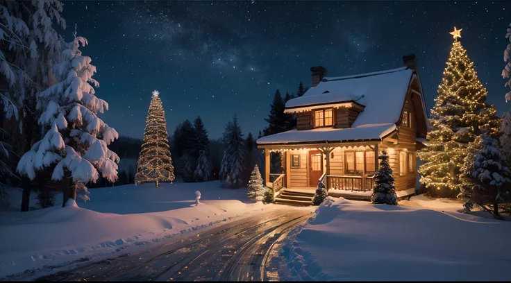 You are a professional concept artist，The painting depicts a Christmas night，An elaborate Christmas cottage facing the camera has an elaborate gate，In the silence of the night，There was a warm orange light in the cabin，Warm, romantic and beautiful，With ori...