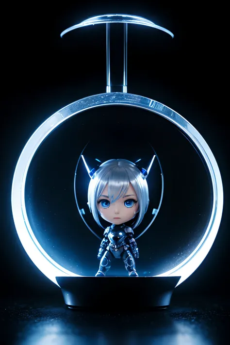 a chibi video game character with a face and blue eyes, in the style of made of liquid metal, zbrush, futuristic robots, black background, pentax espio mini, marvel comics, dark silver and light gold Pure black background --ar 3:4 50 --niji 5 --s 2