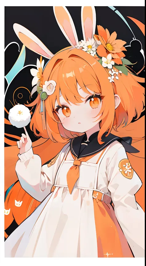 One girl、carrots、Orange hair、Orange Eyes、cute little、​masterpiece、Top image quality、The hem of the flower on the head、