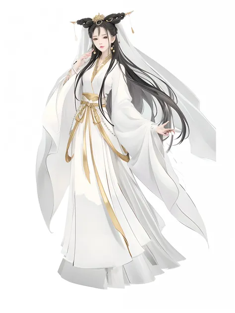 Anime characters dressed in white and gold， flowing white robe, White Hanfu, flowing white robe, flowing hair and long robes, full-body xianxia, long white cape, flowing magical robe, heise jinyao, very long white cloak, Inspired by Baek So-jeong, wearing ...