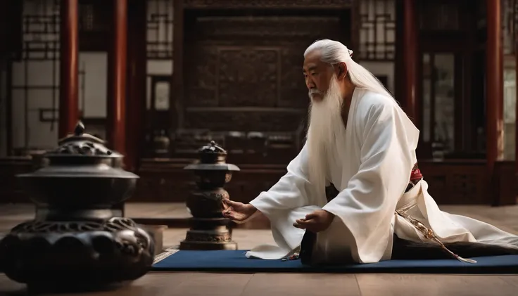 A 30-year-old middle-aged Asian Taoist priest，long  white hair，There is a white beard，Daoism,Wear a white robe，white sash，Taoist master,Taoist，Magnificent momentum，at centre，Face the lens，Full body like，standing on your feet，The back of the hand is behind ...