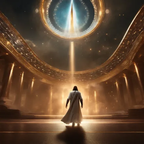 "Generate an awe-inspiring and majestic image of Jesus Christ, the Son of God, portrayed in a futuristic battle attire, ascending to heaven while looking directly into the camera. The artwork should exude a sense of divine glory and transcendence. Behind J...