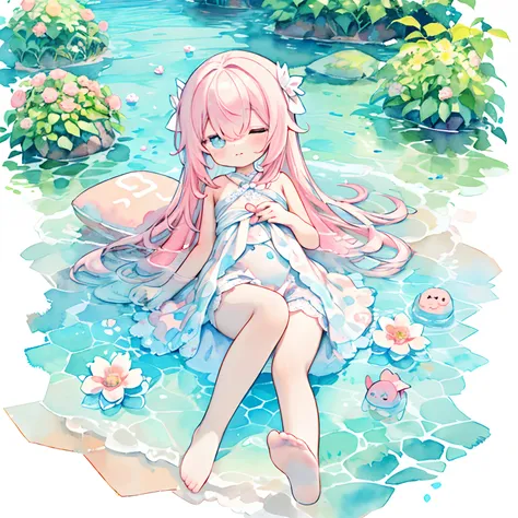 (PastelColors:1.5)、(Cute illustration:1.5)、(watercolor paiting:1.2)、(1 girl:1.0)、(Full body posture:1.2)、hair between eye、 hair between eye, Rest in peace、fit hands、Its about to sink into the water、sacredness、a beauty、Wedding dresses with fashionable desig...