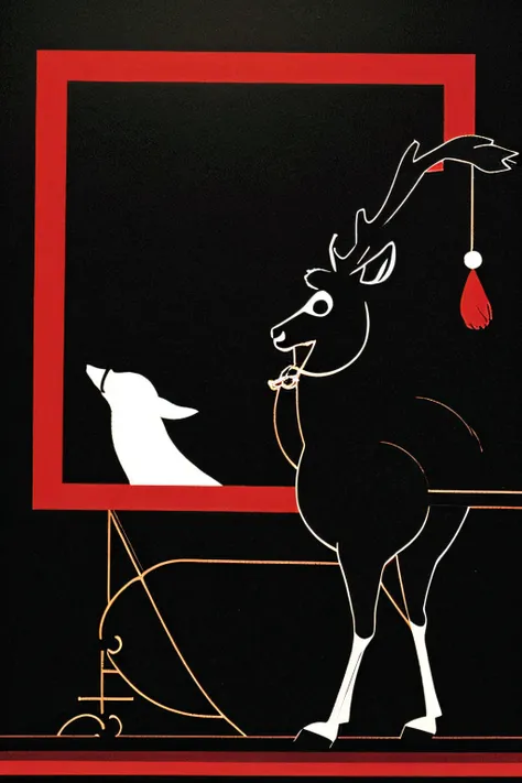 silhuette(A black)　Background: None(blanche)　Reindeer and Santa Claus riding a sleigh　Angle from diagonally forward　a closeup