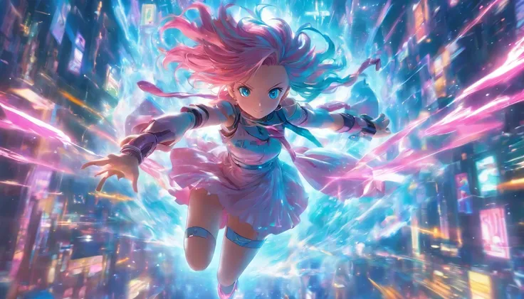 foreshortening,  depth of fields, Master parts, Best quality, 1girll, Pink hair, teal eyes,  medium hair, floatking,Pink rays, soio, looki at viewer,pinkdress, flight,  Dim sunlight,