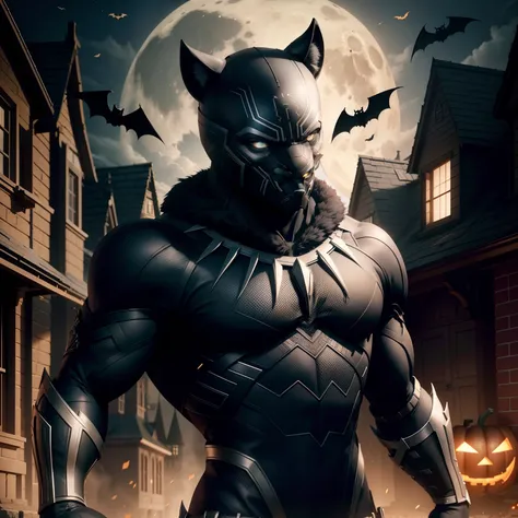 Black Panther Wearing Halloween Hat，（master-piece，bestquality：1.2），Best Lights，best shadows，Show background, . . . . . . . . .bat,full big moon,Old House,stylized 3d render