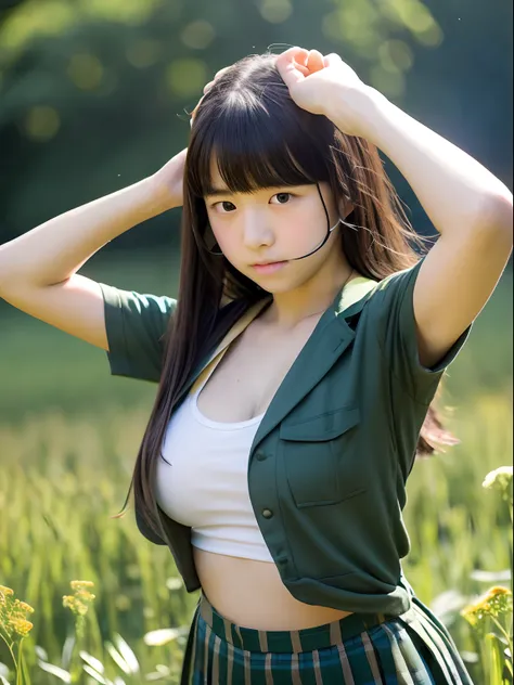 top-quality, masutepiece, High Definition, 16k image, Beautiful junior high school student､ (((Hidden Face))), (Slender big), Plump arms, (breasts pocket)､(Rocket Tits), Constricted waist, Looking away, (((field day))), 爆乳