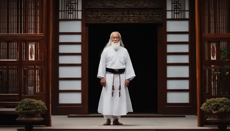 long  white hair，There is a white beard，Daoism,Wear a white robe，white sash，Taoist master,Taoist，Magnificent momentum，at centre，Face the lens，Full body like，standing on your feet，The back of the hand is behind the back，Be kind，Grandpa，Face the camera uprig...