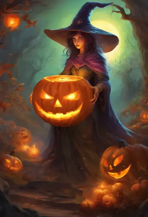 Psychedelic scene fantasy horror A Witch Summoning the Halloween spirit out of carved jack-o-lantern cauldron, giant scarecrow monster in backround, nightmare moon monsters