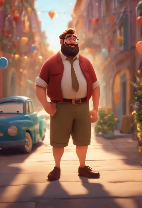 Imagem de um homen, apparently fat with a beard for a story in a YouTube video in Pixar format, Hes the little allabester, Hes the class leader, Hes outgoing, Playful and gets up for a lot of things, cabelo curto