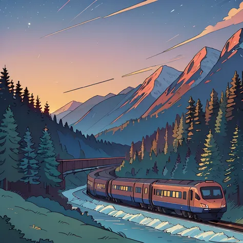 High-speed train, mountain background, twilight, pine forest, river,