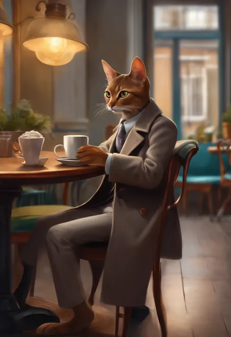 Abyssinian cat with gray coat。Wearing human clothes、Sitting on a chair in a café、Drinking coffee。Picture book illustration style。