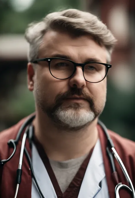 Soft chubby man doctor, with close-cropped hair and beard, with glasses on, green colored eyes, Ring in one ear, Stethoscope (Ring in one ear) (Short Hair Hair:1)(Penis in the frame) (cum on face:1.5)(full body shot:1.4)(cum shot:1.2)