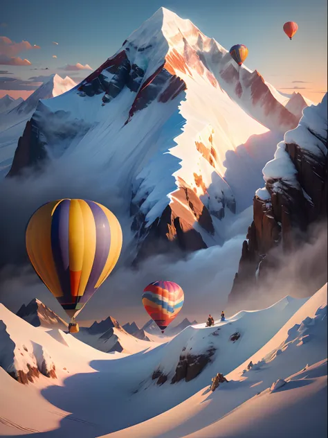 (8K, 16 k, awardwinning, Best quality, A high resolution, Super detail,ultra - detailed, Anatomically correct, masutepiece)，3 colorful high-altitude hot air balloons fly over Mount Everest,In the background are rolling snow-capped mountains at sunset，Blue ...