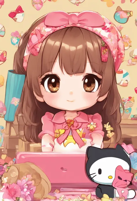 chibi ,brown hair, black hair, brown eyes, hello kitty, room, hello kitty collaboration