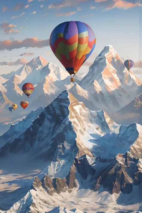 (8K, 16 k, awardwinning, Best quality, A high resolution, Super detail,ultra - detailed, Anatomically correct, masutepiece)，3 colorful high-altitude hot air balloons fly over Mount Everest,In the background are rolling snow-capped mountains at sunset，Blue ...