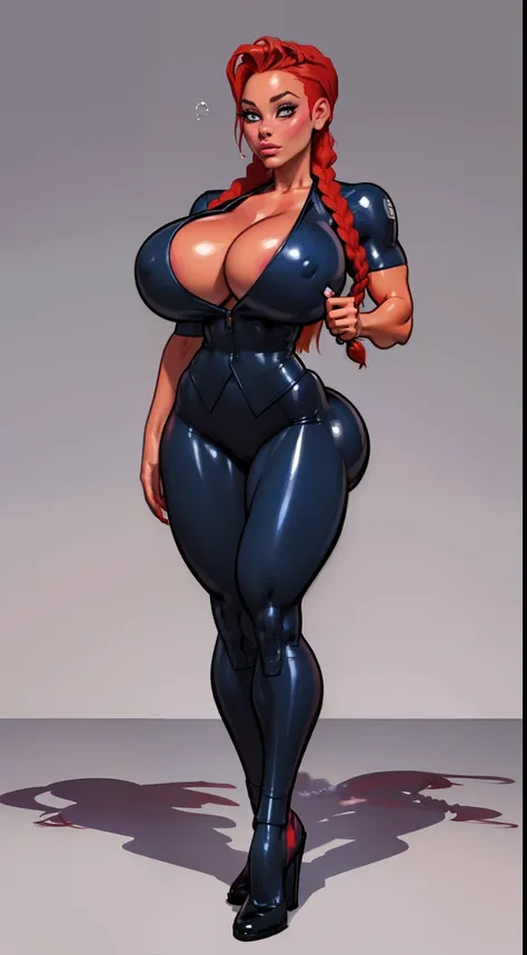 ((masterpiece)),(((best quality))), ((character design sheet:1.4)), ((full body view)) illustration,1girl, muscular, (( dark business suit:1.5)), bubbles, ((braided hair:1.4)), ((light red hair:1.4)), blue suit ((detailed face:1.4)) ((gigantic breasts:1.6)...