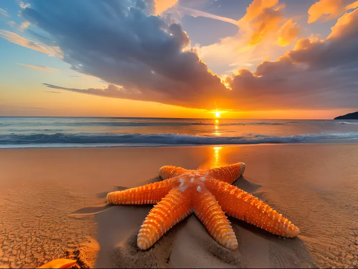 high quality, 8K Ultra HD,an orange starfish on the beach , nature, hyper realistic, sunset, shells, by yukisakura, high detailed