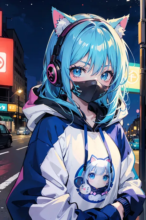 Anime Girl with blue hair, face mask with a cat design, hoodie, headphones, under neon lights, streets