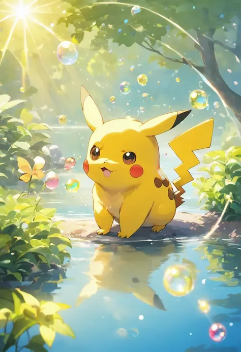 A poignant ultra-high-definition 3D scene showing Pikachu making a wish next to a tranquil lake. Pikachu, lindamente renderizado em detalhes, is seen gently blowing bubbles into the air, each carrying a hopeful desire. As bolhas captam o reflexo do sol poe...