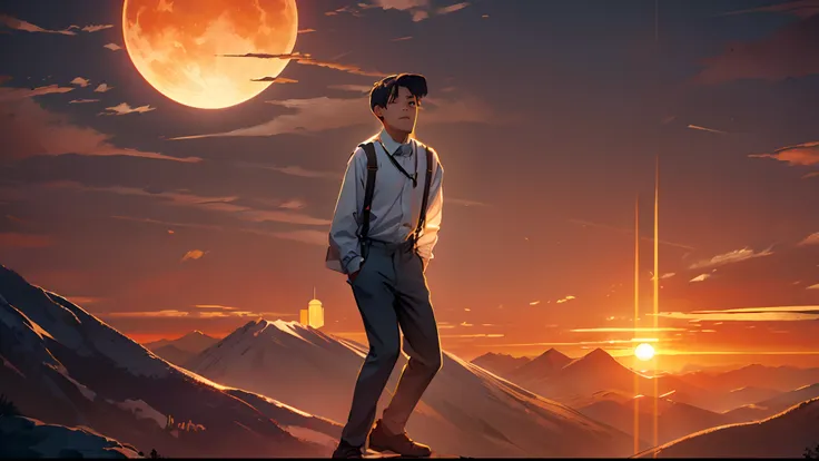 the sunset，eventide，Suspenders，Stand on top of the mountain with your feet，Boy student，Turning around，middle parted hairstyle