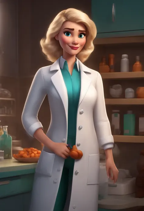 Create a pixar-style character inside a lab coat for a veterinarian blonde character