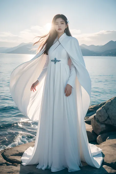 Alafi woman in white dress standing on a rock on a sky background, Fei Danxu album cover, Tumblr, conceptual art, very long white cloak, long white cape, White cloak, White cape, Long white cape, Wearing a flowing cloak, a still of an ethereal, high detail...