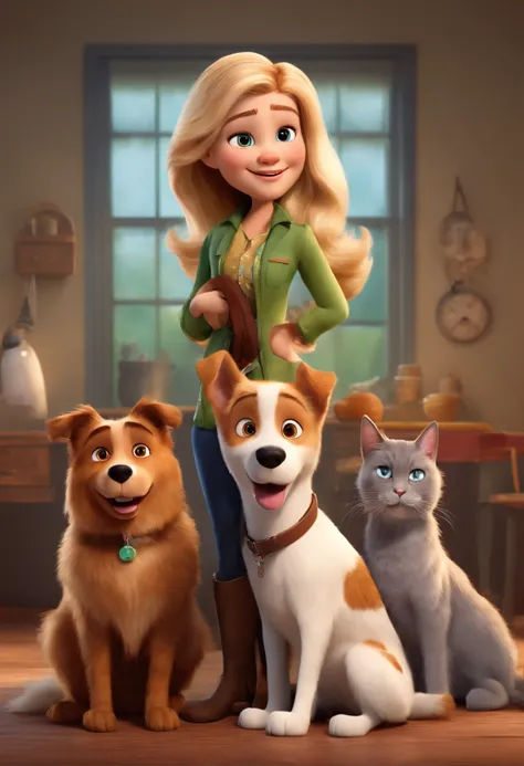 Create a pixar-style character blonde veterinarian with a long hair hazel eyes with a dog and a cat with her