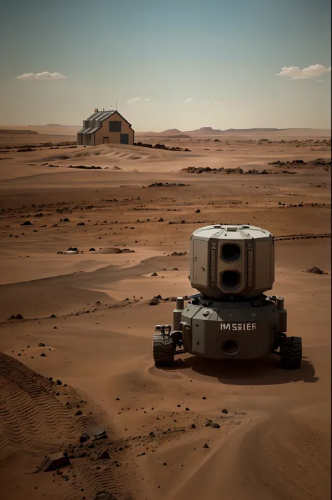 There are many houses on the desolate Mars that use materials from Mars，Realism，There is a robotic arm construction vehicle with a nozzle building a house