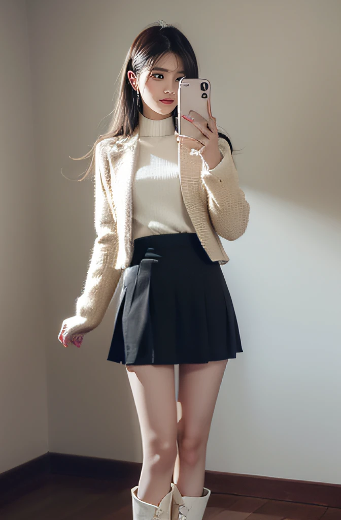 Mirror in the room，long leges，blackstockings，skirt suit，Boots，Sweaters，best qualtiy，tmasterpiece，超高分辨率，（真实感：1.4），RAW photogr，Photorealistic、Photography、masutepiece、top-quality、high resolution, delicate and pretty、face perfect、Beautiful detailed eyes、Fair s...