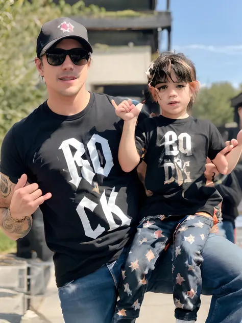 they are wearing shirts with the words rock and roll on them, rock star, rock n roll, cool dad vibes, the rock, rocking out, zabrocki, with a kid, rick dai, by derek zabrocki, prop rocks, rock, #oc, # oc, black rocks, 🤬 🤮 💕 🎀, punk rock, rock music