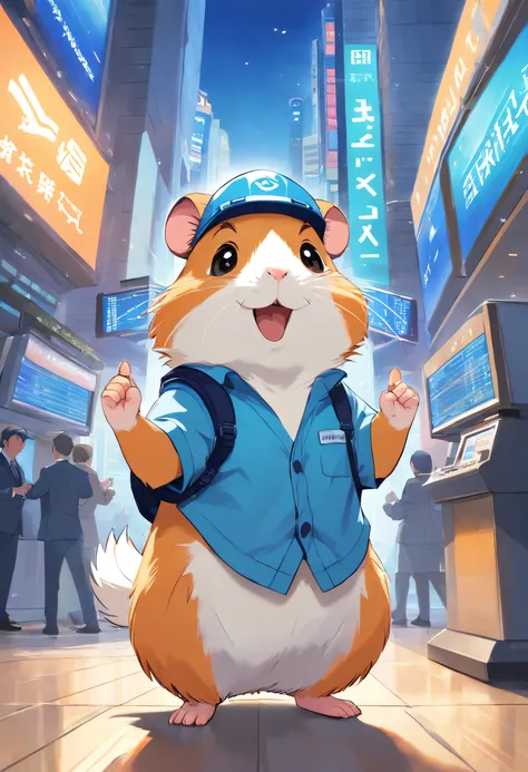 Happy hamster, Hold the instrument, Hard hat on the head, Trading on the stock exchange，frontage，Blue tooling，head portrait