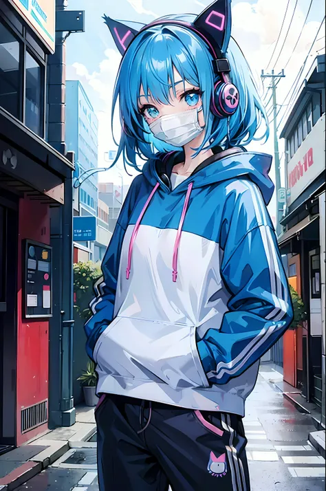 Anime Girl with blue hair, face mask with a cat design, hoodie, headphones, under neon lights, streets