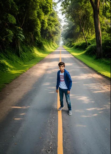 A 18 year old smart boy is waking a road to nature vibe realistic beautiful background bangladesh boys to realistic 8k