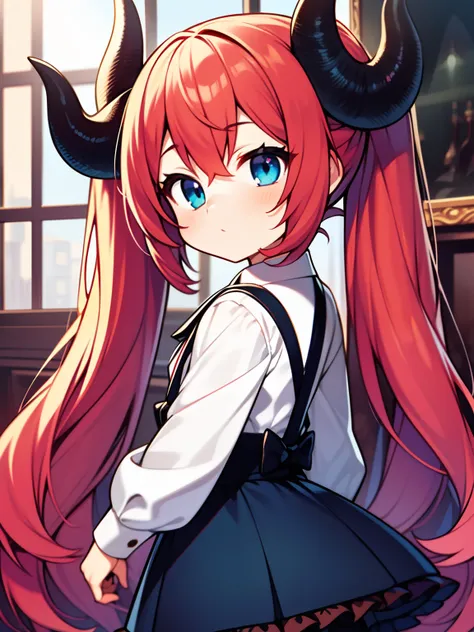 {{best quality}}, {{masterpiece}}, {{ultra-detailed}}, {illustration}, {detailed light}, red hair,blue eyes,twintails,lolita,Suspenders skirt,Fantastic,loli,solo,Dragon horns,little girl,long hair