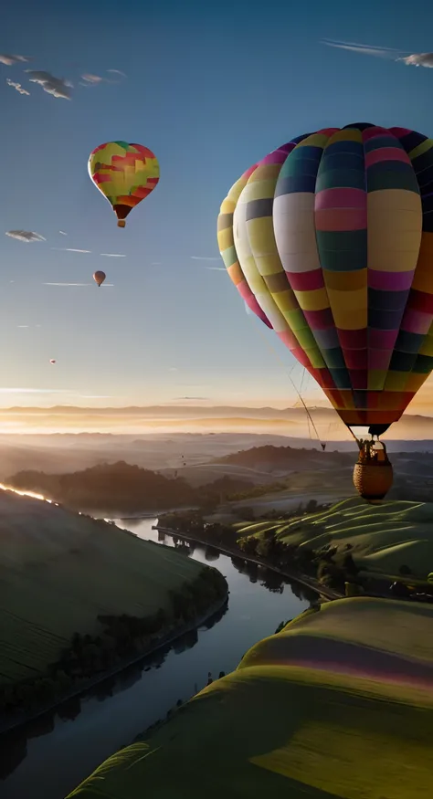 (Best quality,4K,8K,A high resolution,Masterpiece:1.2), Ultra-detailed, Realistic:1.37, Vivid colors, hdr,  (((Stunning sunset afterglow, Whimsical white clouds))), (A luxury hot air balloon floating in the sky:1.5), Golden glow, enchanting landscape, mind...