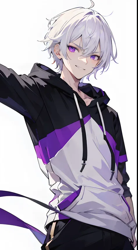 A man, solo, gantleman, white background, black Hoodie, white hair, short hair, purple eyes, badass, smirk